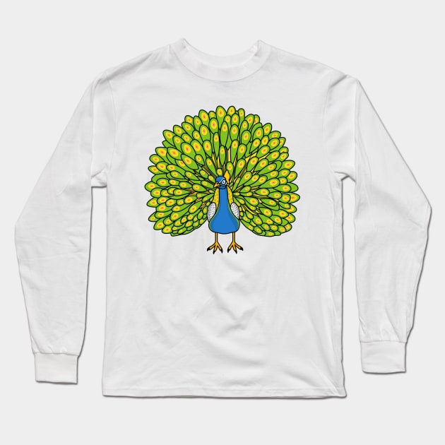 Fun bright peacock bird illustration Long Sleeve T-Shirt by Cartoons of fun